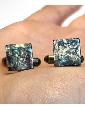Vintage Abalone Shell Cuff Links Shiny Blue Grey Silver Tone Metal Square Suit